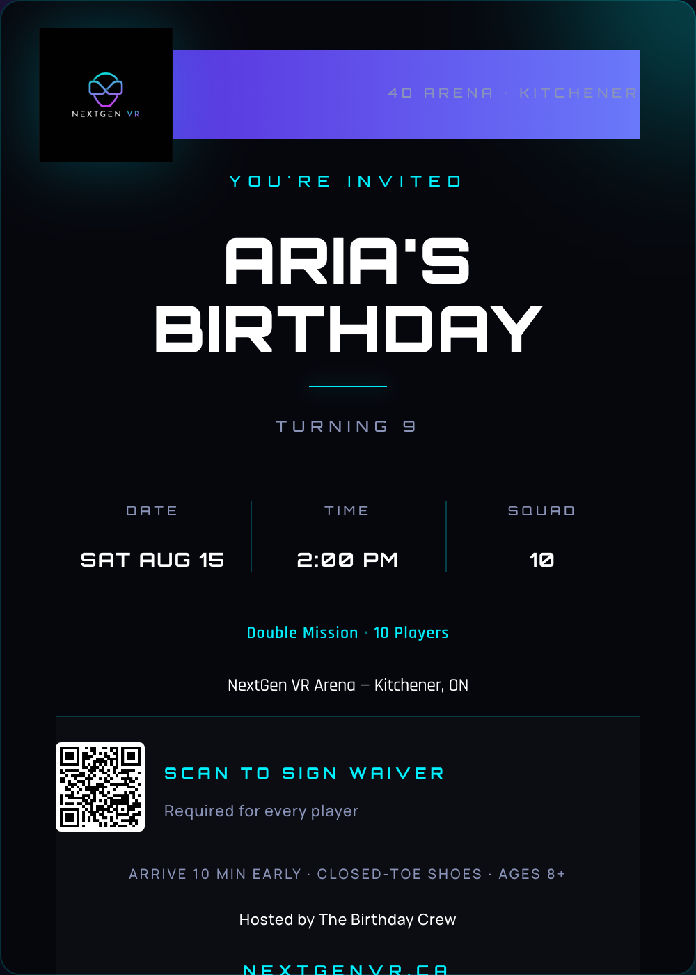 NextGen VR digital birthday invite — auto-filled with party details and a scan-to-sign waiver QR code
